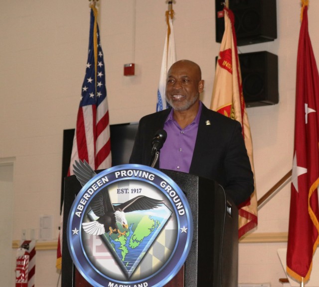 Anselm Beach, senior advisor to the secretary of the Army for Diversity and Inclusion, serves as the guest speaker at the during the annual Tell Me a Story event at the APG North (Aberdeen) recreation center March 31. 