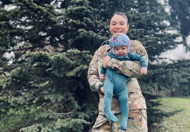 Sgt. Carrie Vargas, a human resources sergeant stationed at Joint Base Lewis McChord, Wash., holds her now 10-month old son, Keanu. Keanu was born with a congenital heart defect. Vargas said her command teams at Fort Bliss, Texas and JBLM helped accommodate her so that she could care for her son before and after a heart transplant. 