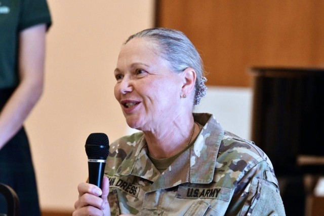 Chaplain (Lt. Col.) Valeria Van Dress, the U.S. Army Medical Center of Excellence Command Chaplain participates in the freshman and sophomore panel during the Incarnate Word High School 2022 Science, Technology, Religion, Engineering, Arts & Math (STREAM) Speaker Series, April 5, 2022, San Antonio, Texas.