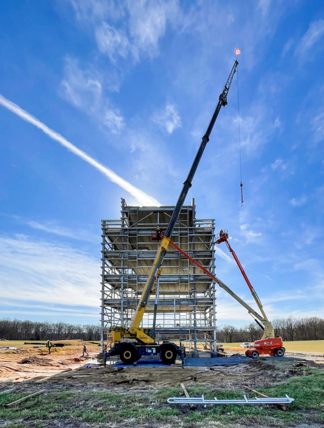 Helicopter training tower and landing deck under construction at Fort Campbell