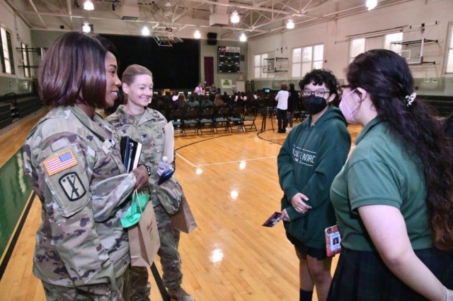 Maj. Lakeisha Logan, left, Deputy Command Surgeon and Col. Shannon Shaw, right, Director of the Leader Training Division entertain student questions after a panel for junior and seniors during the Incarnate Word High School 2022 Science, Technology, Religion, Engineering, Arts & Math (STREAM) Speaker Series, April 5, 2022, San Antonio, Texas.