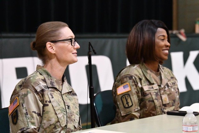 Col. Shannon Shaw, left, Director of the Leader Training Division and Maj. Lakeisha Logan, right, Deputy Command Surgeon participate in a panel for junior and seniors during the Incarnate Word High School 2022 Science, Technology, Religion, Engineering, Arts & Math (STREAM) Speaker Series, April 5, 2022, San Antonio, Texas.