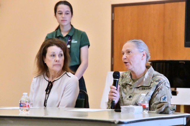 Chaplain (Lt. Col.) Valeria Van Dress, U.S. Army Medical Center of Excellence Command Chaplain entertains student questions after a panel for junior and seniors during the Incarnate Word High School 2022 Science, Technology, Religion, Engineering, Arts & Math (STREAM) Speaker Series, April 5, 2022, San Antonio, Texas.