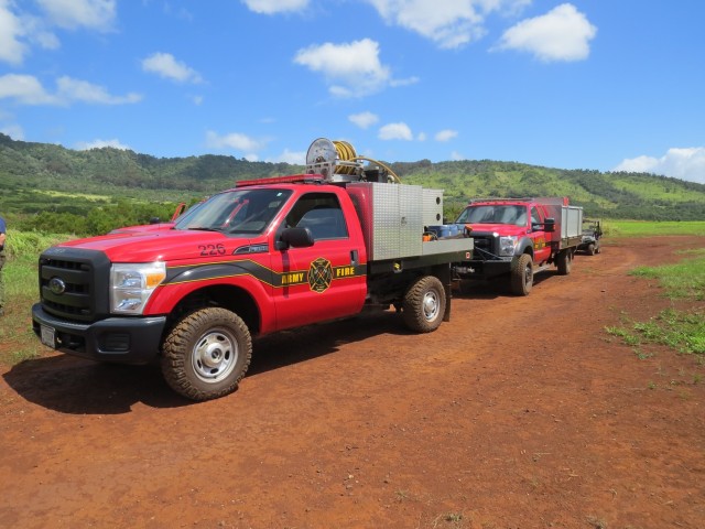 SCHOFIELD BARRACKS, Hawaii – Army Wildland firefighters use Type 6 fire engines, which are more compact than traditional fire engines and allow crews to access remote areas.     