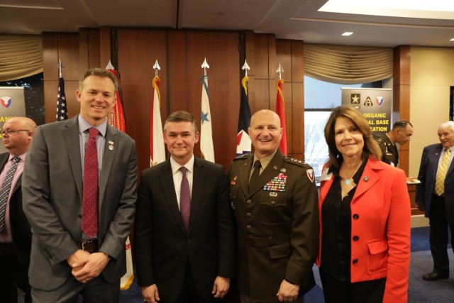 Rep. Blake Moore; Doug Bush, the Assistant Secretary of the Army for Acquisition, Logistics, and Technology; Gen. Ed Daly, commanding general of Army Materiel Command; and Rep. Cheri Bustos at the House Depot Caucus Reception in Washington, D.C. April 7, 2022. 