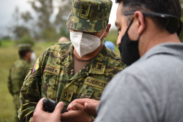 Tech Sgt. Oscar Morales, 7th Explosive Ordnance Disposal Flight, provides field training to Ecuadorian Army soldiers to use new demining equipment Feb. 23, 2022, in Sangolquí, Ecuador. The equipment, from U.S. Southern Command, will be used to help clear the last remaining part of the country&#39;s southern border so it can be returned to the local population for farming and other activities. (U.S. Air National Guard photo by Lt. Col. Allison Stephens)