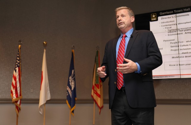 Craig L. Deatrick, director of U.S. Army Installation Management Command–Pacific, discusses career progression for Army civilians and Japanese local nationals during a town hall meeting at the Camp Zama Community Club in Japan, April 12, 2022....