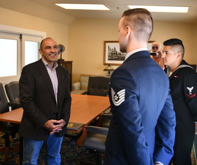 Congressman Jimmy Panetta meets with the B.A. degree graduates during a visit to DLIFLC April 8.