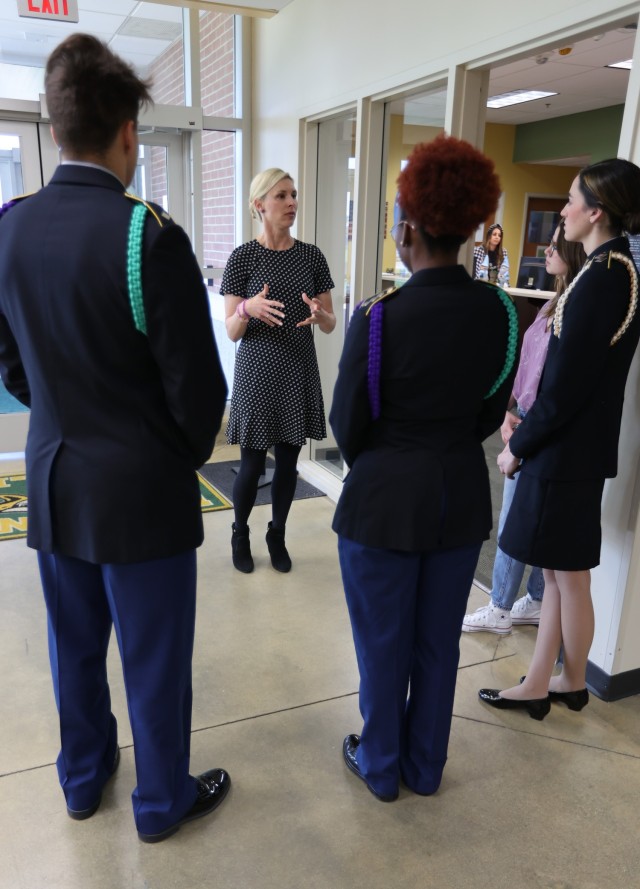 Kentucky First Lady Britainy Beshear answers questions from students following her tour of Fort Knox Middle High school for her Month of the Military Child visit April 14, 2022.