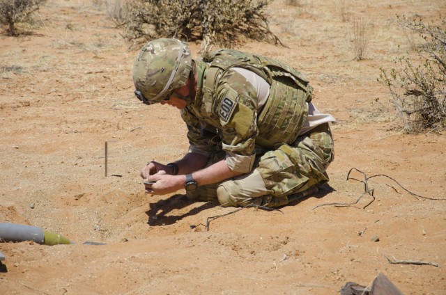 Staff Sgt. John Bradshaw, an EOD technician with the 630th Ordnance Company out of Fort Riley KS places a small explosive next to a simulated bomb. EOD often has to use smaller explosives to destroy key components of explosive devices to make them...