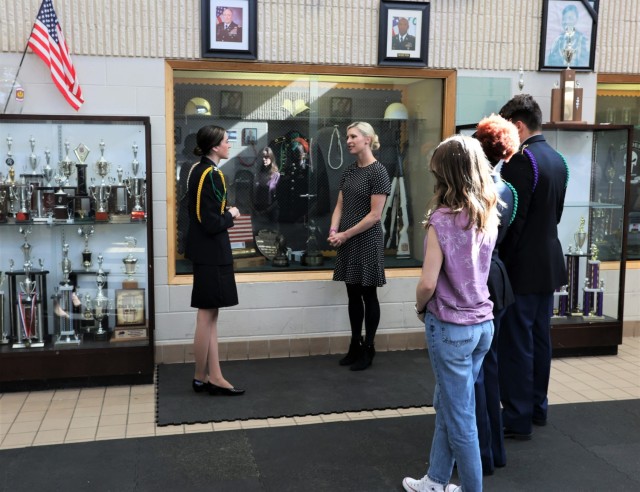 Senior Taylor O’Brien shares her Junior ROTC experiences at Fort Knox Middle High School with Kentucky First Lady Britainy Beshear during her Month of the Military Child visit April 14, 2022.