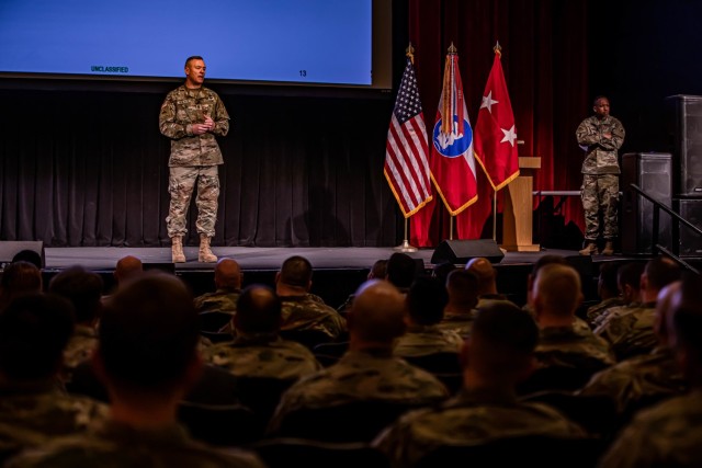 Command Sgt Maj. Walker speaks at U.S. Army South town hall