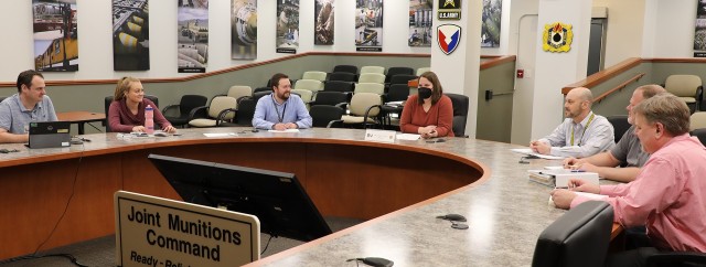 Headquarters JMC ammunition experts join ammunition customers virtually to discuss production, storage, distribution, and demilitarization requirements in March 2022. L to R: Zac Cockayne, Katie Fitzsimmons, Seth Dismore, Katie Crotty, Joe Ragan, Don Earley, Bill Dunkin 