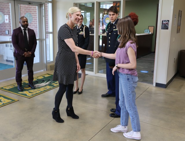 Kentucky First Lady Britainy Beshear greets students as she arrives at Fort Knox Middle High School April 14, 2022 during her Month of the Military Child tour.
