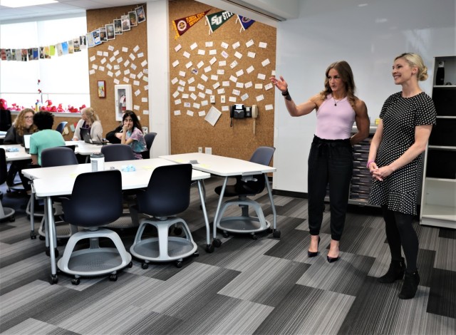 Kentucky First Lady Britainy Beshear meets with 2023 Southeast District Teacher of the Year Laura Alvarez during her Month of the Military Child visit April 14, 2022.