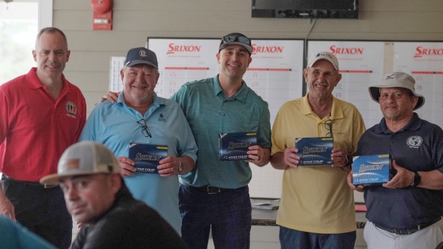 From left to right: Brig. Gen. John D. Kline, commanding general, U.S. Army Center for Initial Military Training, Training and Doctrine Command, Michael Shaffer, Maj. Christopher Fields,  Richard Stark and Michael Almodovar. The players earned a set of golf balls and the third place during the Fourth Annual SHARP Golf Tournament at Fort Eustis, Va. April 14