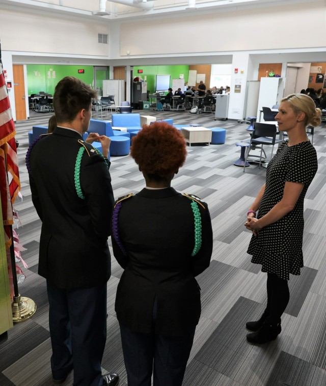 Kentucky First Lady Britainy Beshear makes a stop in one of the open classroom concepts at Fort Knox Middle High School during her Month of the Military Child visit April 14, 2022.