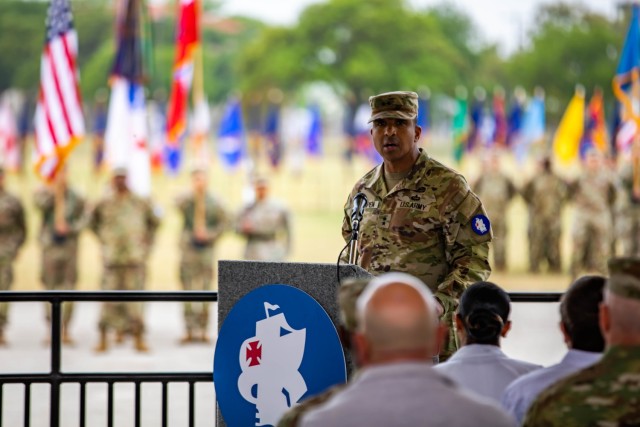 U.S. Army South Commanding General, William L. Thigpen, speaks at a change of responsibility ceremony  at JBSA - Fort Sam Houston, April 15, 2022. “Now as we bid farewell to one great leader, the Army always gets it right and replaces that person with another outstanding leader. That is absolutely the case today as we welcome Command Sgt. Maj. Ronald J. Graves to our team.” said Thigpen. Graves, a native of Tipler Wisconsin, joined the U.S. Army in 1995 and most recently served as the command sergeant major for the Army Test and Evaluation Command at Aberdeen Proving Ground, Maryland. (U.S. Army photo by Spc. Joshua Taeckens)