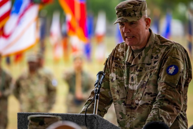 U.S. Army South Senior Enlisted Advisor, Command Sgt. Maj. Trevor C. Walker, speaks at a change of responsibility ceremony at JBSA - Fort Sam Houston, April 15, 2022. Walker relinquished responibility to Command Sgt. Maj. Ronald J Graves and retired the same day after 32 years of service. "Before I step down, I want to thank everyone again from Army South for the dedication and support during my time here,” said Walker. “I am proud that I was able to end my career here and Army South will always be special to me because of it." (U.S. Army photo by Spc. Joshua Taeckens)