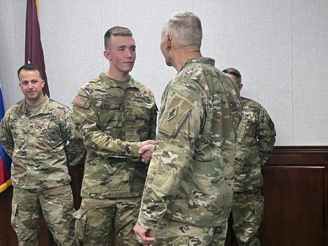 MEDCoE Commanding General recognizes 68W Combat Medic Trainee on his acceptance to West Point