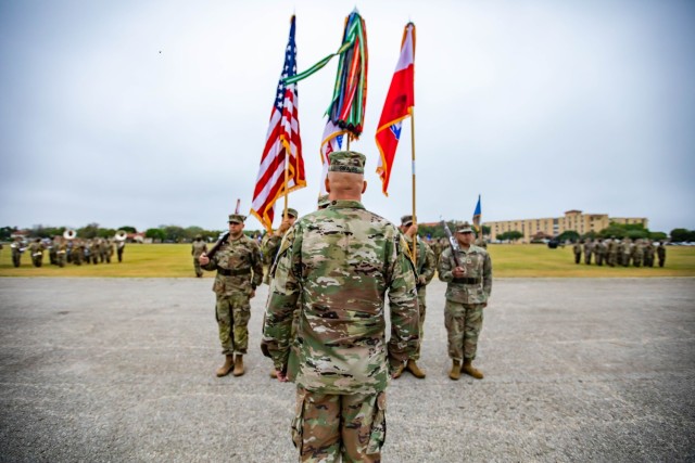 U.S. Army South incoming Senior Enlisted Advisor, Command Sgt. Maj. Ronald J. Graves, stands in front of a formation at a change of responsibility ceremony at JBSA - Fort Sam Houston, April 15, 2022. “I look forward to continuing [Command Sgt. Major Trevor C. Walker’s] great initiatives and efforts to take care of the Army South Soldiers and Families as well as building partner nation relationships and training alongside our Central and South American and our Caribbean partnerships,” said Graves. “Our mission is vital to our National Security.” Graves, a native of Tipler Wisconsin, joined the U.S. Army in 1995 and most recently served as the command sergeant major for the Army Test and Evaluation Command at Aberdeen Proving Ground, Maryland. (U.S. Army photo by Spc. Joshua Taeckens)