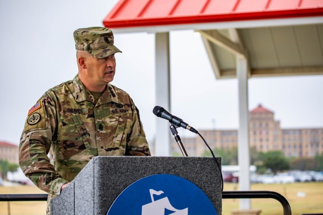 U.S. Army South incoming Senior Enlisted Advisor, Command Sgt. Maj. Ronald J. Graves, speaks at a change of responsibility ceremony at JBSA - Fort Sam Houston, April 15, 2022. “I look forward to continuing [Command Sgt. Major Trevor C. Walker’s] great initiatives and efforts to take care of the Army South Soldiers and Families as well as building partner nation relationships and training alongside our Central and South American and our Caribbean partnerships,” said Graves. “Our mission is vital to our National Security.” Graves, a native of Tipler Wisconsin, joined the U.S. Army in 1995 and most recently served as the command sergeant major for the Army Test and Evaluation Command at Aberdeen Proving Ground, Maryland. (U.S. Army photo by Spc. Joshua Taeckens)
