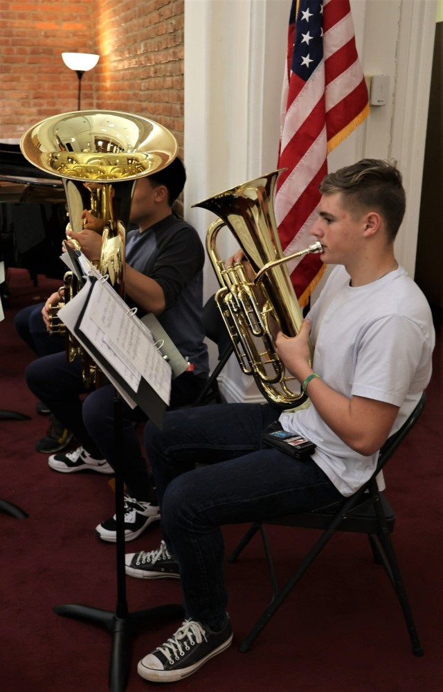 Kaleb Moss, an 11th grade student at Fort Knox Middle High School, practices on his euphonium April 15, 2022 before the Main Post Chapel performed the Hallelujah Chorus at the East Sunday Service.
