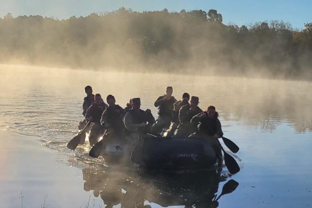 ROTC cadets from the Missouri University of Science and Technology, in Rolla, Missouri, practice crossing a water obstacle in a watercraft on Fort Leonard Wood as part of their preparations for the Sandhurst Military Skills Competition that takes place later this month at the U.S. Military Academy at West Point, New York. To help the cadets prepare, their leaders reached out to training units here for their expertise. 