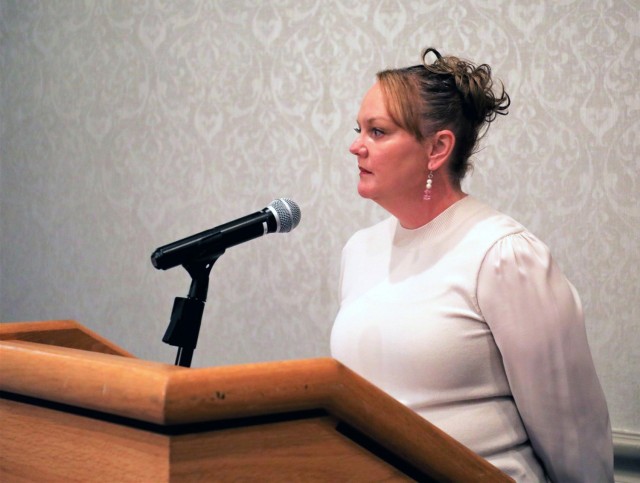 Terry Owens, a former Soldier and spouse of a U.S. Army Japan civilian, speaks during a luncheon that she helped organize in support of Women&#39;s History Month at Camp Zama, Japan, March 22, 2022. Owens regularly volunteers in the local community and believes even the smallest selfless acts can help create a more positive environment. 