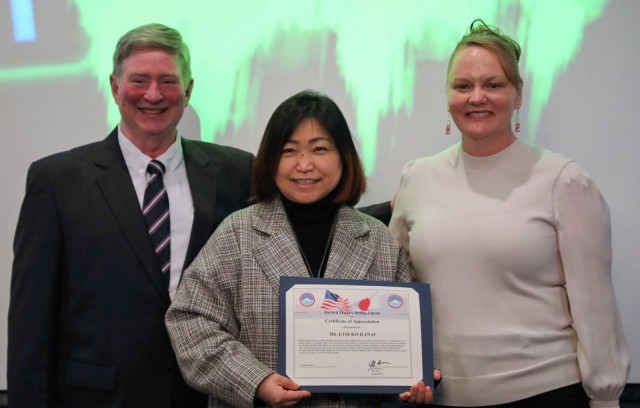 Terry Owens, right, a retired soldier and wife of a U.S. Army civilian in Japan, poses for a photo with Etsuko Kanai, center, who was honored at a luncheon in support of the Month of the women's story at Camp Zama, Japan, March 22, 2022. Owens, who helped organize the lunch, regularly volunteers in the local community and believes that even the smallest selfless acts can help create a more positive environment. 