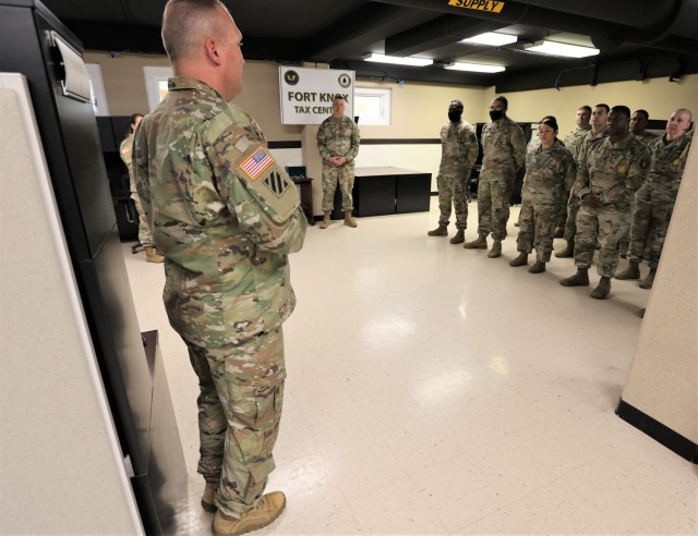 Fort Knox Senior Enlisted Advisor Command Sgt. Maj. Jerimiah Gan addresses the 2022 Fort Knox Tax Center Team, saying, “On behalf of the [commanding general] and myself: job well done.”