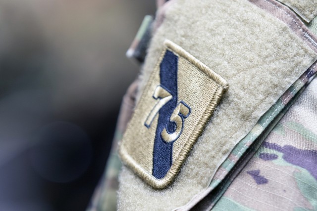 An embroidered patch on a Reserve Soldier’s shoulder bears the 75th Innovation Command insignia. 