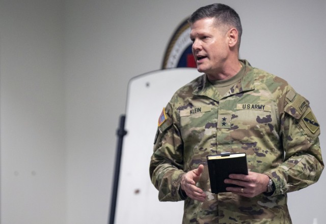 Maj. Gen. Martin F. Klein, Commanding General of the 75th Innovation Command, speaks to Soldiers.