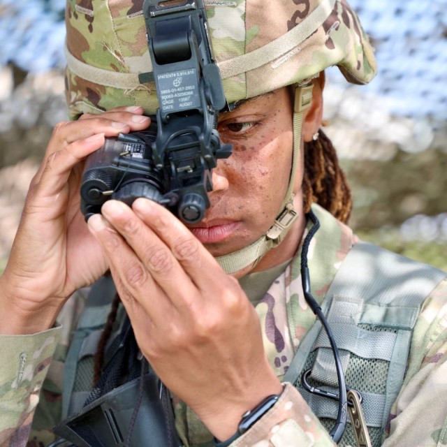 Capt. Quinetta Forby, assigned to 38th Air Defense Artillery Brigade, operates a night vision device as part of the U.S. Army Japan Expert Soldier Badge competition at Sagami General Depot, Japan, April 19, 2022. Forby and 22 other Soldiers earned the coveted badge after a grueling weeklong competition, which initially had about 120 participants in USARJ’s first-ever testing event for the newest skill badge in the Army.