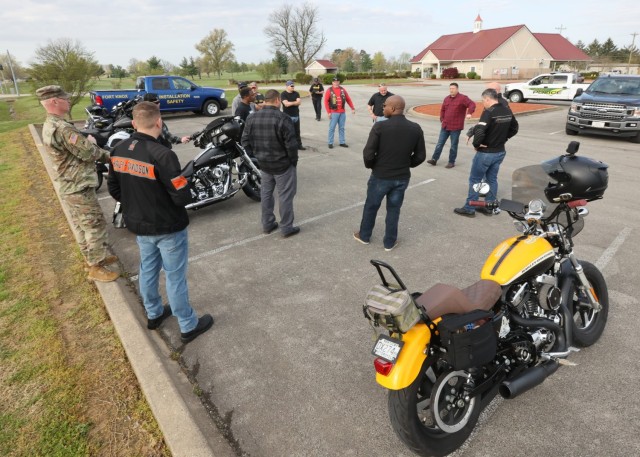 Fort Knox installation motorcycle mentor Sgt. 1st Class John Pushard gives the pre-check ride safety brief prior to heading off post April 22, 2022.
