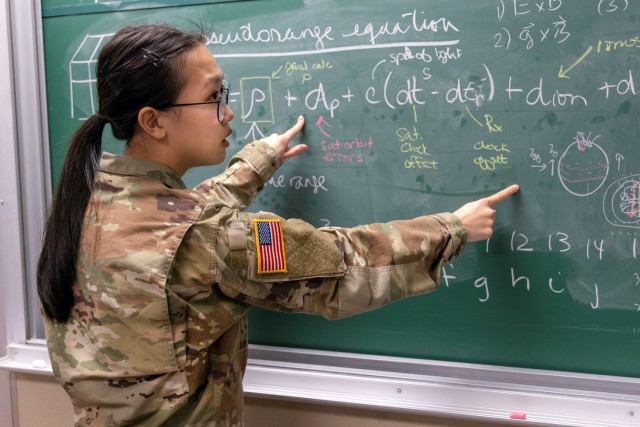 U.S. Military Academy Cadet Genevieve Tang describes the physics behind the weather and its impact on GPS, April 21, 2022 at West Point. 

