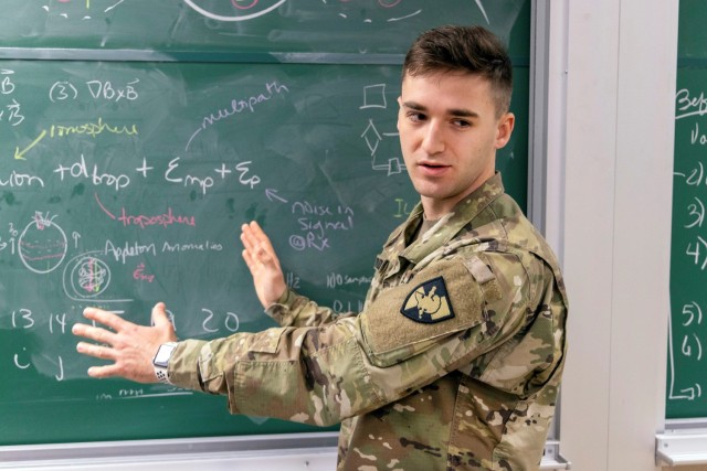 U.S. Military Academy cadet Dominic A. Rudakevych speaks on how space weather impacts GPS signals April 21, 2022 at West Point. 