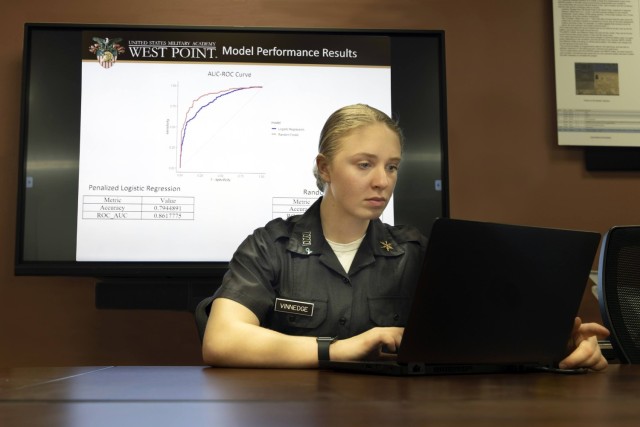 United States Military Academy Cadet Anna Vinnedge demonstrates the power of mathematical modeling as a tool in predicting success and to identify the right individual for the right job on April 20, 2022, at West Point, N.Y. 