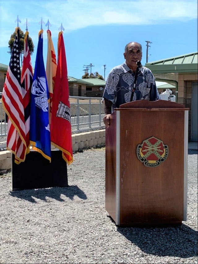 Kahu Kimo Hoopai provides remarks during the blessing of the new barracks buildings at Pohakuloa Training Area, April 26. 