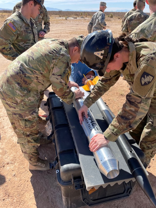U.S. Military Academy (USMA) Space Engineering and Research Rocket Program cadets prepare two-staged rocket for launch April 18, 2022 at Spaceport America, New Mexico. This rocket design broke the previous 2018 USMA record for distance travel.

