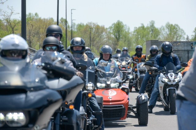 Riders lined up their motorcycles at the Army Human Resources Command complex at Fort Knox just before departing for the ride to Silverleaf Sexual Trauma Recovery Services in Elizabethtown, Kentucky.