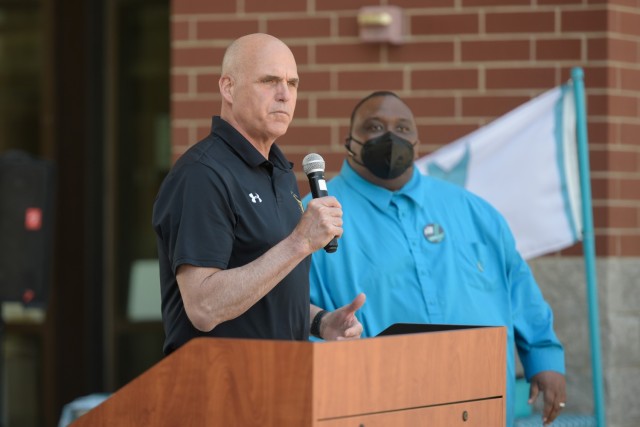 Maj. Gen. Thomas Drew, Army Human Resources Command, Commanding General (Left) addressed the crowd about the importance of sexual assault/harassment awareness and prevention before the start of the ride.