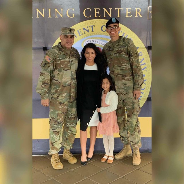 Left to right: Army Materiel Command&#39;s senior enlisted leader, Command Sgt. Alberto Delgado, his wife Vanessa, his daughter Aizah join Pvt. Zahn Delgado during his Basic Combat Training graduation.