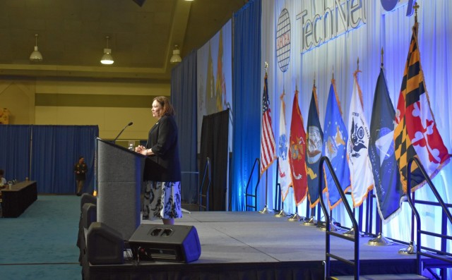 Lt. Gen. (Retired) Susan Lawrence introduces Army Deputy Chief of Staff, G-6 Lt. Gen. John B. Morrison as a keynote speaker at Armed Forces Communications-Electronics Association TechNet Cyber at the Baltimore Convention Center on April 26, 2022. Lt. Gen. Morrison gave update on Army reforms of the Risk Management Framework and work underway to move toward a Army Unified Network that can support multi-domain operations and maneuver, then fielded several questions from the audience.