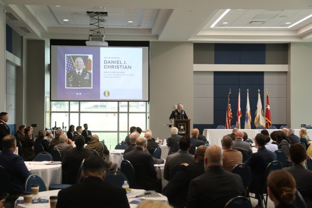 Maj. Gen. Daniel Christian, deputy chief of staff, U.S. Army Training and Doctrine Command, speaks the Cyber Junior Reserve Officers&#39; Training Corps (JROTC) Pilot Program opening event at the University of Alabama in Huntsville, Ala. April 26-27.