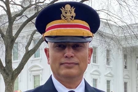 Chief Warrant Officer 5 Mohammed Badal in front of the White House in 2021.