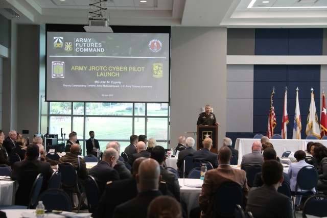 Maj. Gen. John Epperly, deputy commanding general, Army National Guard, Army Futures Command, discusses the importance of investing in cyber programs at the Cyber Junior Reserve Officers&#39; Training Corps (JROTC) Pilot Program opening event at the University of Alabama in Huntsville, Ala. April 26-27.