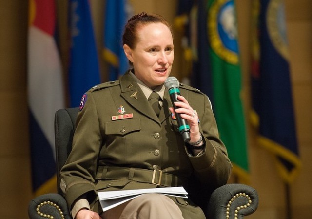Col. Alisa Wilma, director of Army Public Health Center, answers a question from the audience during a State of APG roundtable discussion at the Myer Auditorium April 26. 