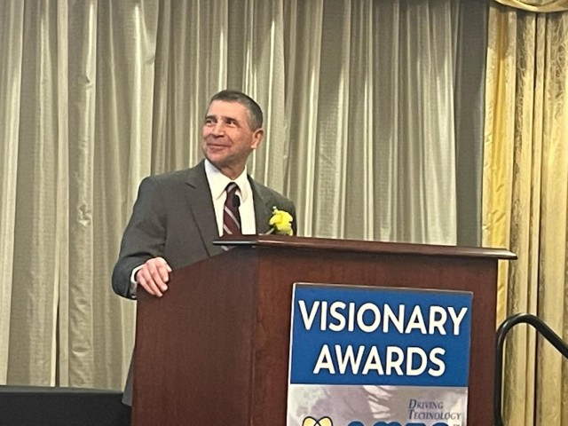 Larry Muzzelo, the U.S. Army Communications-Electronics Command deputy to the commanding general, gives remarks during the Northeastern Maryland Technology Council’s Visionary Awards Gala April 20.