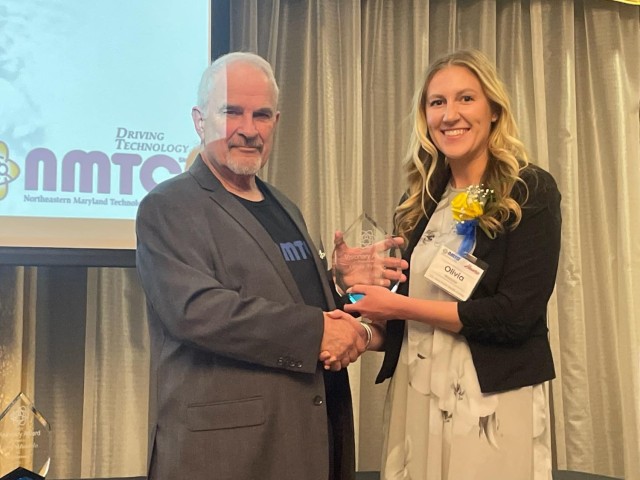 Olivia Webster receives the Rising Star Award from Northeastern Maryland Technology Council’s executive director John Casner during the NMTC Visionary Awards Gala April 20. Webster is a a biomedical engineer with the U.S. Army Public Health Center.